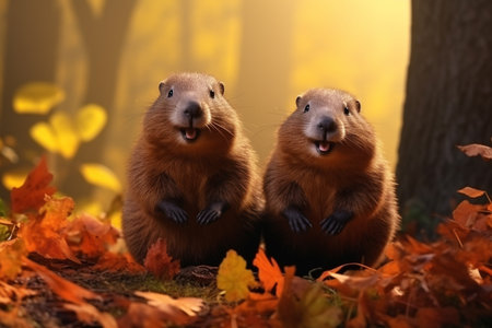 Cute groundhogs in the autumn forest with autumn leaves.Created with Generative AI technology.の素材