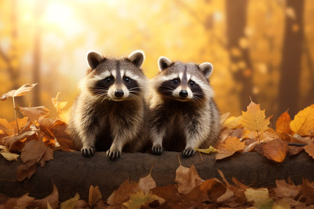 Cute Raccoon in the autumn forest with autumn leaves.Created with Generative AI technology.の素材