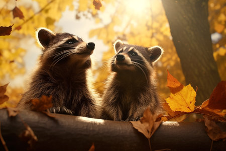 Cute Raccoon in the autumn forest with autumn leaves.Created with Generative AI technology.の素材