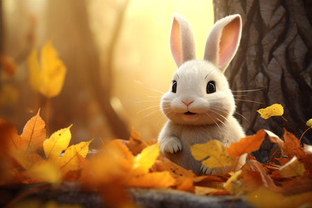Cute rabbit in the autumn forest with autumn leaves.Created with Generative AI technology.の素材