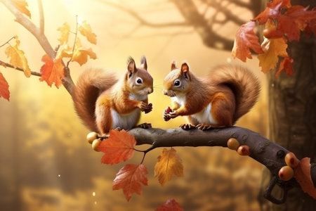 Cute squirrel in the autumn forest with autumn leaves.Created with Generative AI technology.の素材