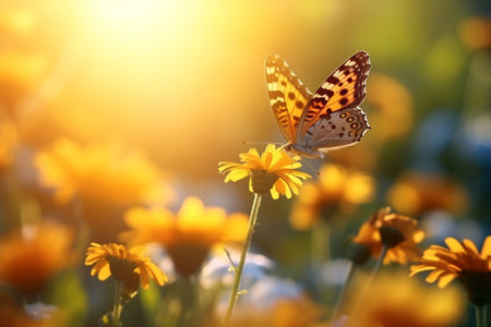 Macro photography, butterflies in the flowers with morning light with copy space.Created with Generative AI technology.の素材