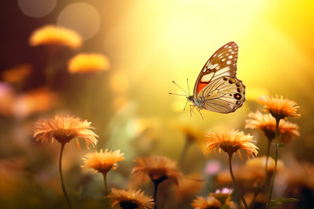 Macro photography, butterflies in the flowers with morning light with copy space.Created with Generative AI technology.の素材
