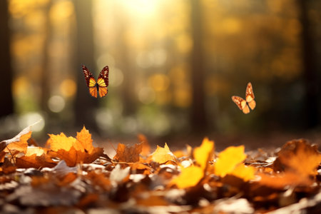 Macro photography, butterflies in the flowers with morning light with copy space.Created with Generative AI technology.の素材