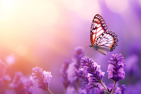 Macro photography, butterflies in the flowers with morning light with copy space.Created with Generative AI technology.の素材