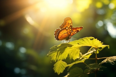 Macro photography, butterflies in the flowers with morning light with copy space.Created with Generative AI technology.の素材