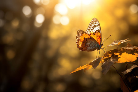 Macro photography, butterflies in the flowers with morning light with copy space.Created with Generative AI technology.の素材