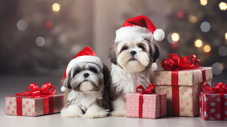 Cute dog wearing Santa Claus costume in christmas party .merry christmas concept.Created with Generative AI technologyの素材