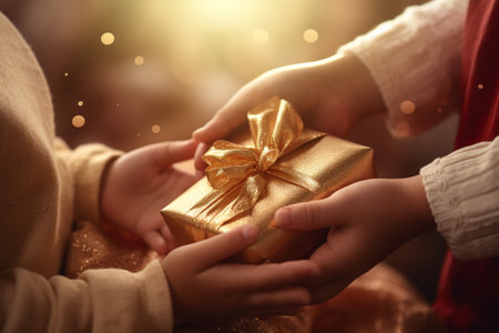 Close-up of hands exchanging a wrapped gift in christmas party.Merry Christmas and Happy new year concept.の素材