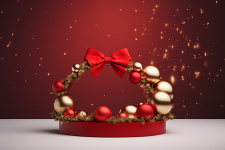 Elegant Stage Podium with Christmas Elements 3D Render for Festive Celebrations.Created with Generative AI technology.の素材