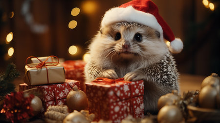 Hedgehog in santa costume, festive holiday wildlife photography.Created with Generative AI technology.の素材