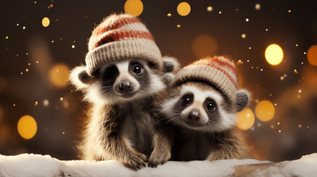 Raccoon in santa costume, festive holiday wildlife photography.Created with Generative AI technology.の素材