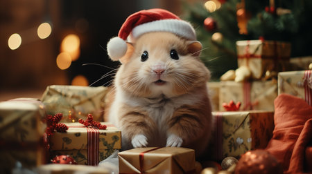 Hamster in santa costume, festive holiday wildlife photography.Created with Generative AI technology.の素材