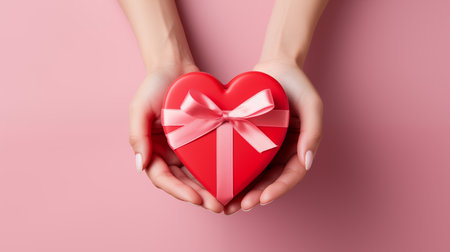 Close up on female hands holding a valentine's day gift boxes on pink background.Created with Generative AI technology.の素材