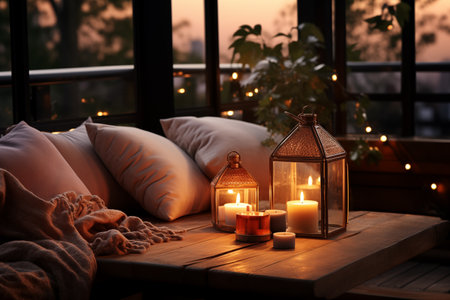 Set up a scene with warm and romantic lighting effects, creating an intimate atmosphere.Created with Generative AI technology.の素材