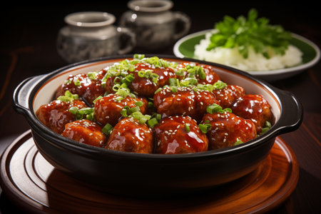 Sweet and sour pork in teriyaki sauce served in a bowlの素材