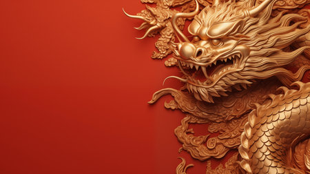 Golden Chinese Dragon on Red Background ,Traditional New Year Symbol.Created with Generative AI technology.の素材