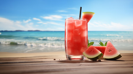 Watermelon cocktail illustration beach background with copy space for textの素材