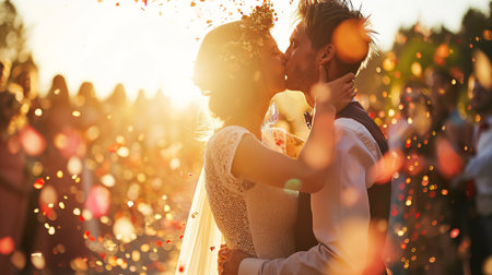 Romantic Outdoor Wedding Celebration, Bride and Groom's Special Day.Created with Generative AI technology.の素材
