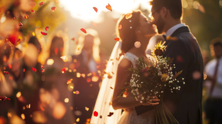 Romantic Outdoor Wedding Celebration, Bride and Groom's Special Day.Created with Generative AI technology.の素材