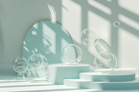 Minimalist Product Presentation , Blank Podium with Falling Soap Bubbles.Created with Generative AI technology.の素材