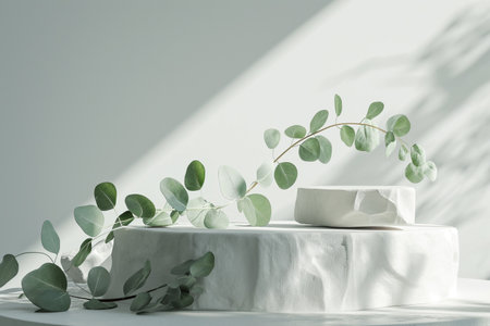 Blank Stone Slab Podium for Product Display with Eucalyptus Leaves.Created with Generative AI technology.の素材