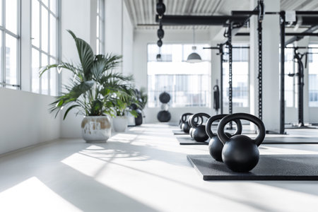 Fitness Woman with Kettlebell in Modern Gym.Created with Generative AI technology.の素材