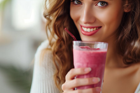 Close-Up of Woman with Berry Smoothie in Modern Scandi Apartment.Close-Up of Woman with Berry Smoothie in Modern Scandi Apartmentの素材