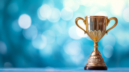 Golden Trophy Award on Soft Blue Bokeh Background,Success and Achievement Concept.Created with Generative AI technology.の素材