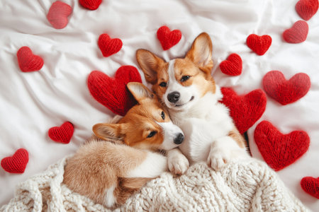 Cute Corgi Dogs Cuddle on White Bed Surrounded by Knitted Hearts , Valentine's Day.Created with Generative AI technology.の素材