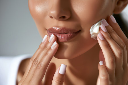 Young Woman Applying Cream , Smooth Skin Beauty.Created with Generative AI technology.の素材