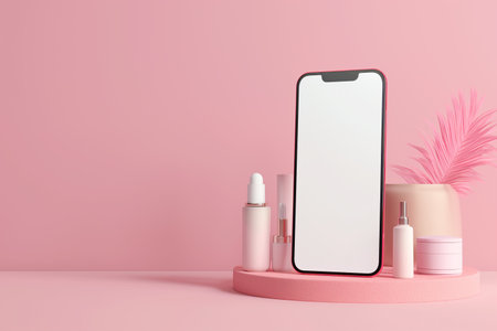 3d Smartphone with cosmetic shop.online shopping concept.Created with Generative AI technology.の素材