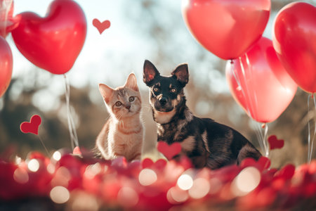 Cat and dog in a red heart-shaped balloons on a background of red heartsの素材