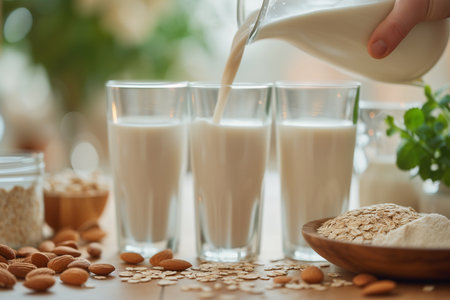 Healthy Milk Alternatives: Almond, Soy, and Oat in Elegant Glass Bottles.
Created with Generative AI technology.の素材