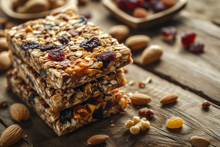 Delicious Fruit and Nut Bars on Wooden Surface - Healthy Snack .Created with Generative AI technology.の素材