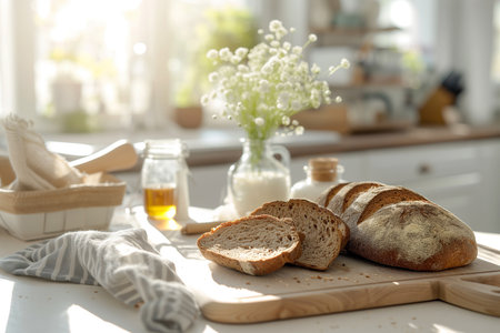 Gluten-Free Breakfast in a Cozy Kitchen with Fresh Bread.Created with Generative AI technology.の素材
