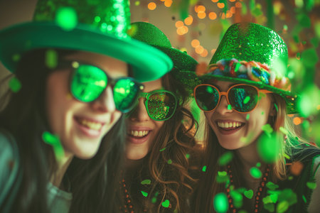 St. Patrick's Day Celebration, Cheerful Group in Green.Created with Generative AI technology.の素材