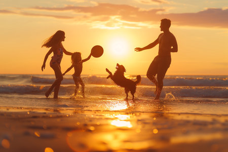 Family and Dog Playing on Beach at Sunsetの素材