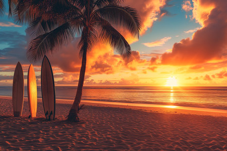 Tropical Beach Sunset with Palm Trees and Surfboards.Created with Generative AI technology.の素材