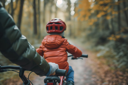 Focus on a parent's hand holding the back of a bicycle seat as a child pedals, capturing the moment of learning.Created with Generative AI technology.の素材