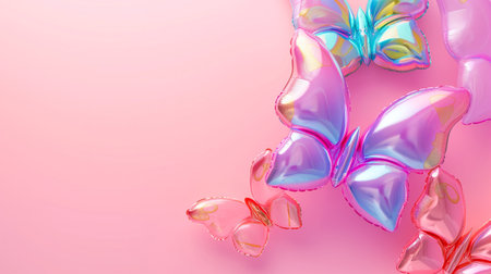 Colorful Inflatable Butterflies on Soft Pink Background , Vibrant Summer Vibe.Created with Generative AI technology.の素材