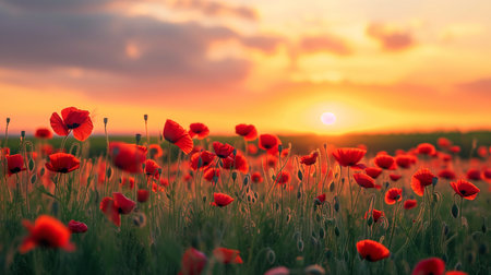 Tranquil Meadow, Colorful Poppies Bloom under Pastel Sunset.Created with Generative AI technology.の素材