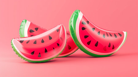 Inflatable watermelon slices, solid pink background.Created with Generative AI technology.の素材