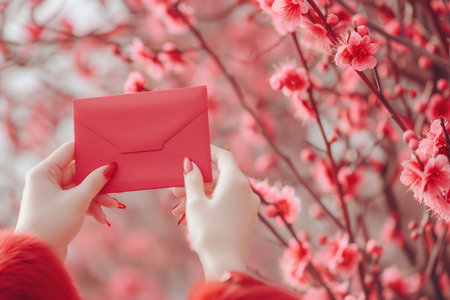 Chinese New Year Red Envelopes and Plum Blossoms.Created with Generative AI technology.の素材