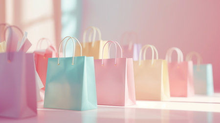 soft-colored background featuring an array of shopping bags in pastel hues.
Created with Generative AI technology.の素材