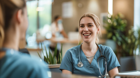 A smiling healthcare worker greeting a patient at the reception of a clinic, creating a welcoming atmosphereの素材