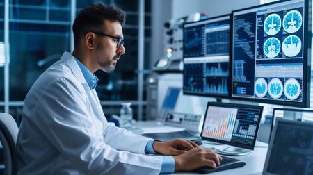A medical researcher analyzing data on a computer screen in a lab, highlighting the importance of research in healthcareの素材