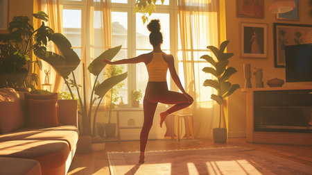 A person practicing yoga in a sunlit living room, focusing on a pose that reflects calm and balanceの素材