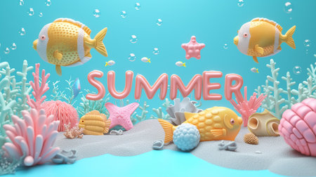 Playful inflatable fish and "SUMMER" in 3D, coral reef colored backgroundの素材