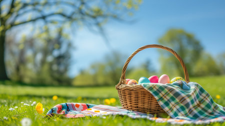A basket filled with colorful Easter eggs on a picnic blanket in a sunny park, with space for text in the clear blue sky above.Created with Generative AI technology.の素材